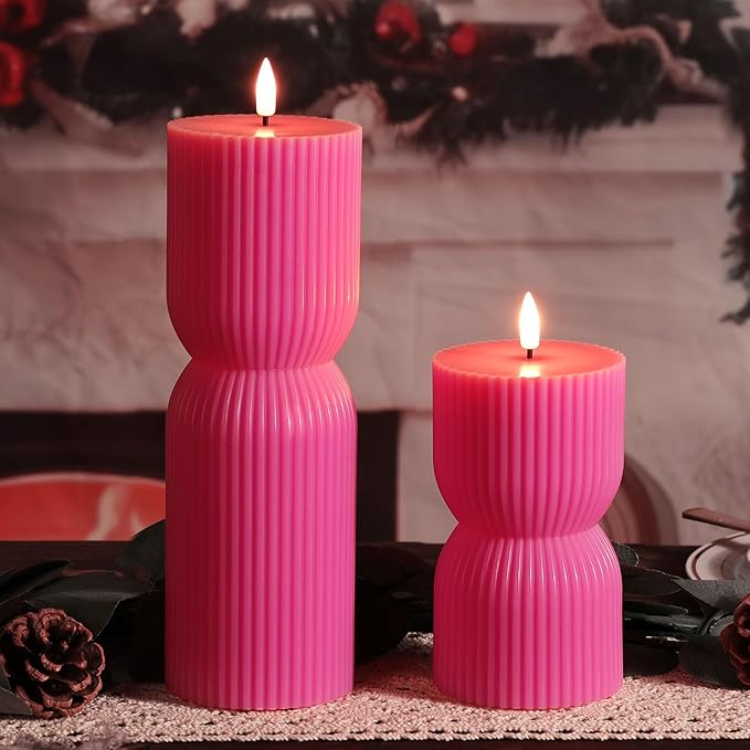 Hot Pink Ribbed Flameless Pillar Candles with Remote, Real Wax Flickering Battery LED Candles Set of 2