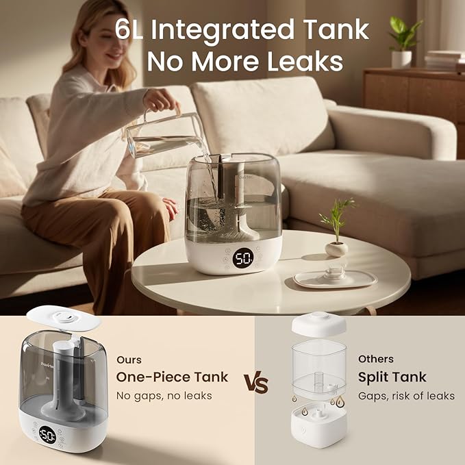 6L Self-Cleaning Humidifier for Large Room, CleanCare Warm & Cool Mist, No-Leak Design & Top Fill, 60 Hour Runtime, Quiet Ultrasonic Auto Mode with Remote Control for Bedroom & Home