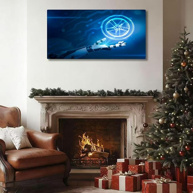 Wibinuki Wall Art Wall Decor Wall Paintings Robotic hand car wheel tyre on neon blue for Living Room Bedroom Bathroom Home Decor Can Be Hung Directly 20"x 40"
