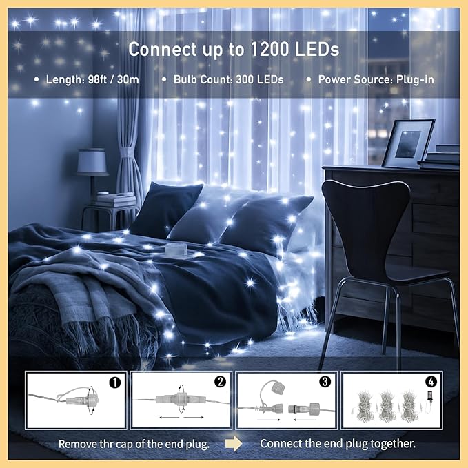 98FT 300LED Fairy Lights Clear Wire with Remote Control, 8 Modes String Lights with Timer Starry Twinkle Lights for Indoor Bedroom Party Christmas, Cold White