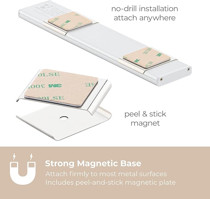 Magnetix 8in Re-Chargeable LED Under Cabinet Motion Sensor Light Bar with Magnetic Mounting Clips, Dimmable and 3-CCT Selectable in Brushed Aluminum for Kitchen and Closet