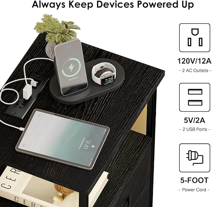 Fixwal Night Stand with Charging Station, LED Nightstand with U-S-B Ports and Outlets for Small Spaces, 2 Fabric Storage Drawers, Bedside Table End Tables Bedroom, Modern Black