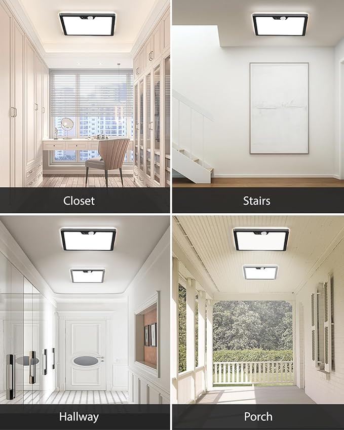 12in Motion Sensor Ceiling Light Wired, 3000K 4000K 5000K Selectable, 24W Flush Mount Square Motion Ceiling Light with 3 Timer for Closet Porch Stairs Hallway, Black