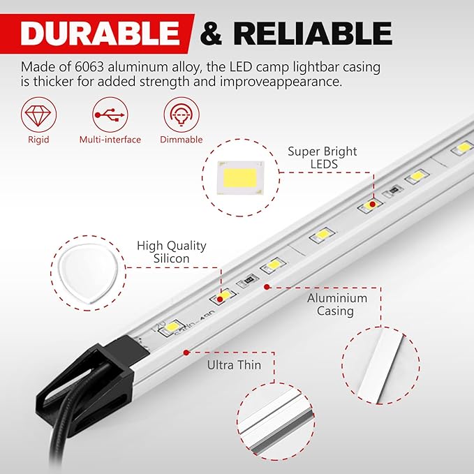 FIERYRED 12V Interior Light Bar Kit, Dimmable Camping Lights, Weatherproof IP67, Aluminum Magnetic Mount with Dimmer Switch, Portable Lights for Camping Tent Awning RV Car Trailer Boat (4 Pcs, White)