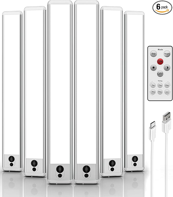 EZVALO Under Cabinet Lights,14.5'' Motion Sensor Light Indoor Dimmable, Super Bright 4000mAh Rechargeable Closet Lights 5700K with Remote Control, Wireless Under Counter Light for Kitchen (6 Pack)