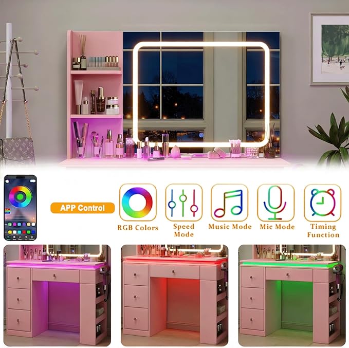Pink Vanity Desk with Illuminated Mirror & Power Outlet, Bedroom Dresser LED Mirror Stepless Dimmable & 3 Color Modes Adjustable RGB Drawers, for Women Girls Bedroom（Pure Pink