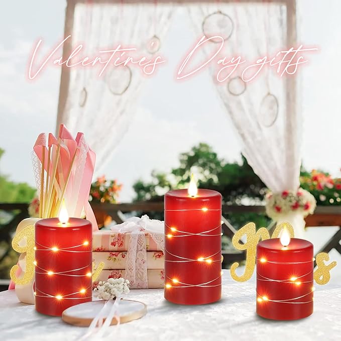Upinmz Red Flameless Candle with Remote Control and Timer,Flickering Battery Operated Candles with String Lights,LED Pillar Candles,Set of 3