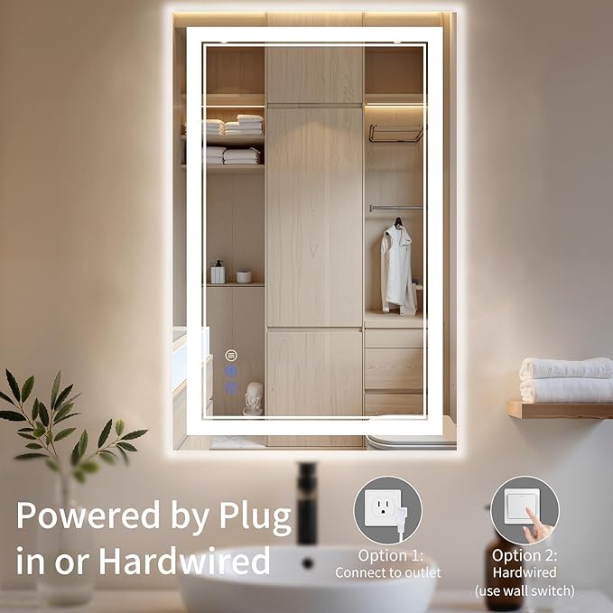 22"x30" LED Bathroom Mirror with Lights, Anti-Fog, Backlit + Front Lit, Dimmable, Led Vanity Mirror for Wall, Lighted Bathroom Mirror, 3 Colors, Shatter-Proof Tempered Glass