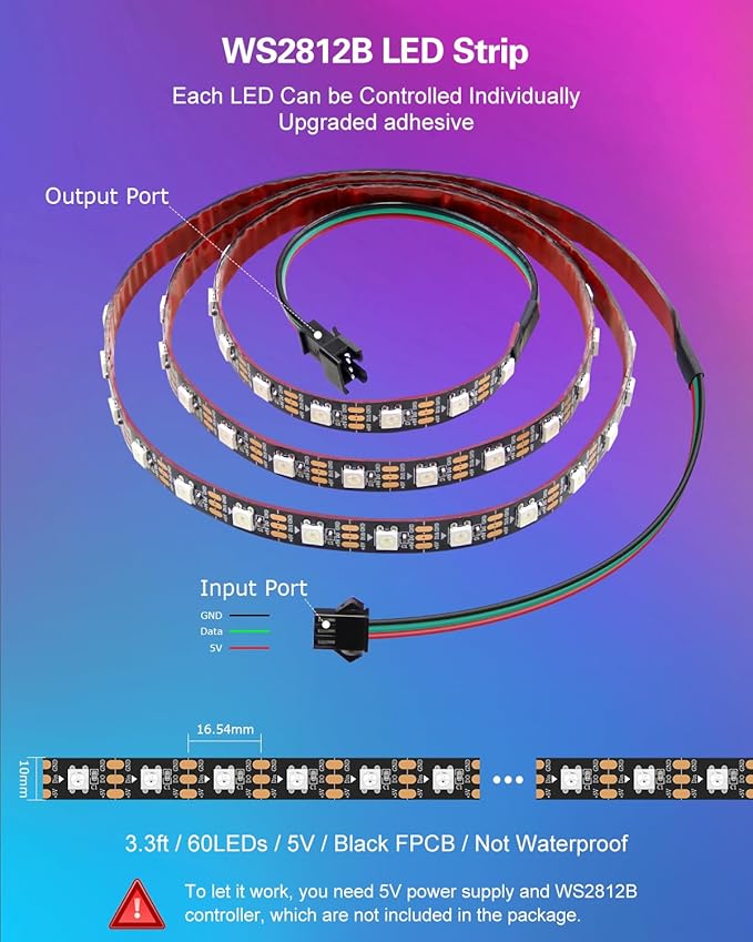 ALITOVE 3.2ft 60 Pixels Strip WS2812B Individual Addressable RGB IC LED Strip Light Upgraded Adhesive LED Tape Light Programmable 5050 5V IP20 Black PCB Compatible with Raspberry Pi for DIY Project