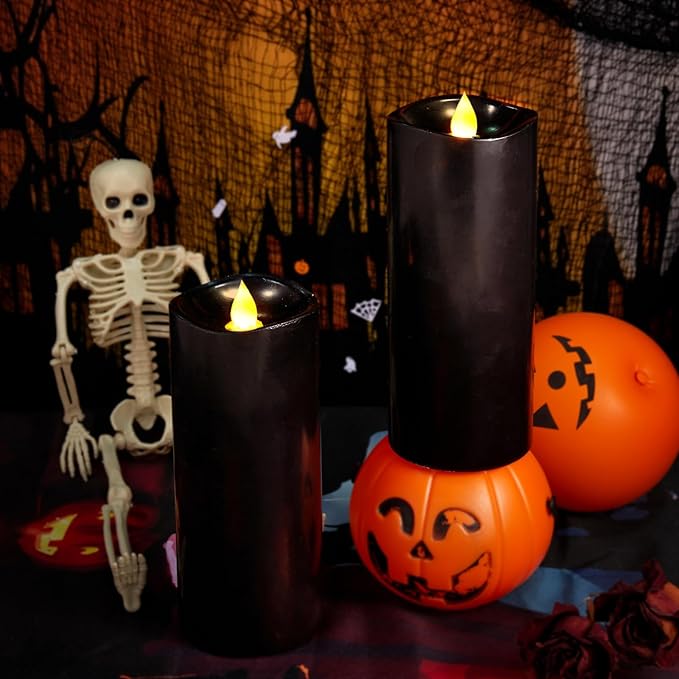 7” x 3” Flameless Candles, Flickering Moving Flame LED Candles, Battery Operated Candles with Remote and Timers, Black, Set of 2