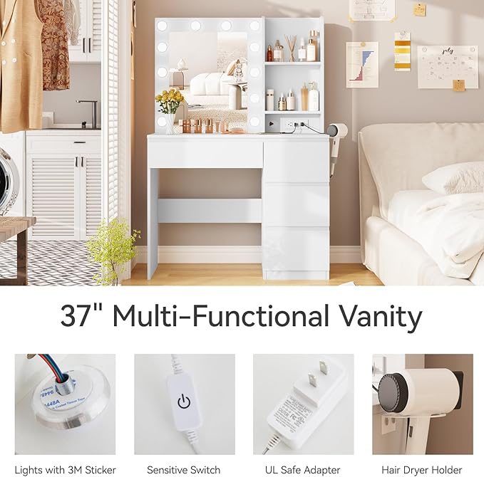 Fameill Makeup Vanity with Lights, 4 Drawers Makeup Table with Lighted Mirror, 37inch Vanity Desk with Power Strip, 3 Lighting Modes, White