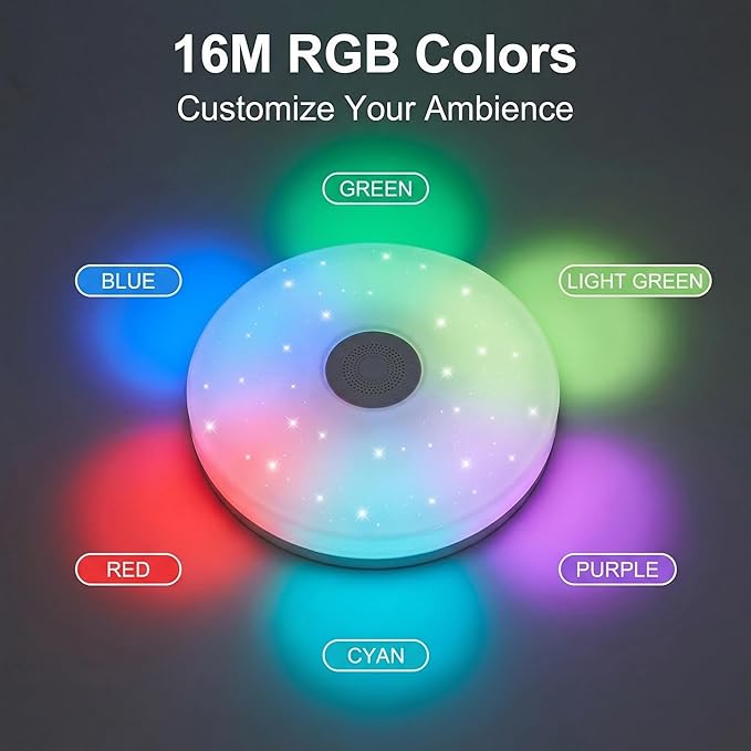 HANTANG RGB Ceiling Light with BT Speaker, 42W 14Inch Smart Music Lights Colorful Dimmable with APP and Remote Control, Color Changing Led Light Fixture Flush Mount for Bathroom Shower Bedroom