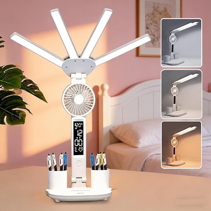 Foldable Led Desk Lamp with Fan Clock Light Study, 3 Lighting Modes, Adjustable Table Lamp Dimmable Eye Caring Reading Lamp for Home Office College Dorm Bedroom Bedside