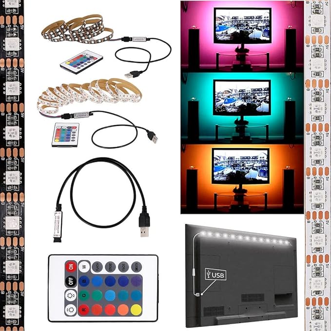 ausuky 5V 5050 RGB LED Strip Light Bar TV Background Lighting Kit + USB Remote Control (Cool Black Board,10ft (3M))
