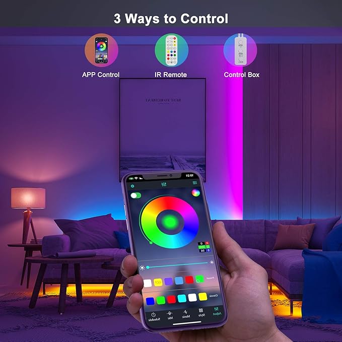 RGB LED Strip Light Controller, with APP, Music Sync and IR Remote, with Unlimited Colors and Pin Modify Feature Compatible with 5V-24V All 4-pin 10mm RGB LED Strip via Bluetooth Connection