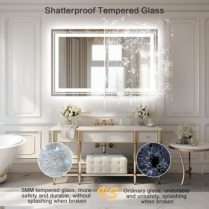 WTTY LED Bathroom Mirror 31.5"x48" with Back and Front Light,Modern LED Mirror for Bathroom,Dimmable Lighted Bathroom Vanity Mirror with Anti-Fog,Memory Function,Shatter-Proof,Wall Mounted