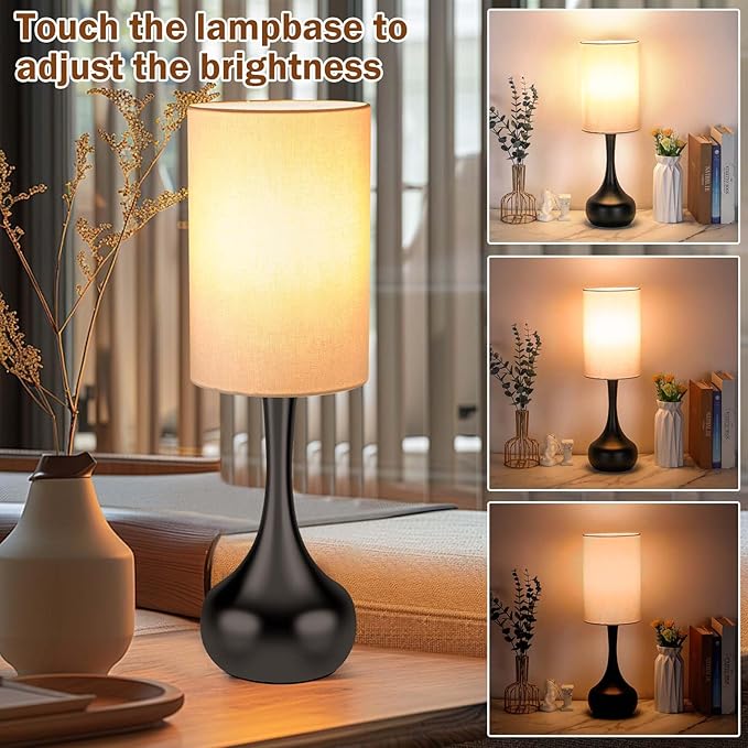 Mid Century Modern Droplet Table Lamp,Touch Control & 3-Way Dimmable,No Assembly Required Cyliner Shade,Black Vintage Farmhouse Bedside Lamp for Bedroom,Nightstand,Living Room,Office