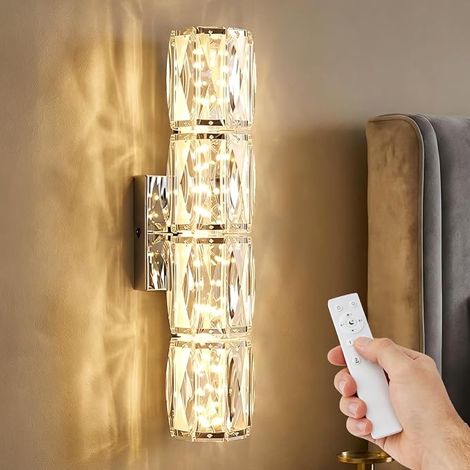 Modern Crystal Wall Sconces in Chrome Finish, LED Crystal Wall Light Fixtures with Remote, Luxury Vanity Wall Lamp Indoor for Bedroom Living Room Hallway Stairway Bedside, 3000K-6000K Dimmable