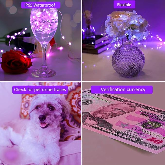 OMIKA 40ft LED UV Black Light, 120 Units 2835 LED UV Lamp Beads 8 Modes Flexible Blacklight Fixtures Fairy String Lights with Remote for Fluorescent Party Stage Lighting Body Paint Halloween Decor