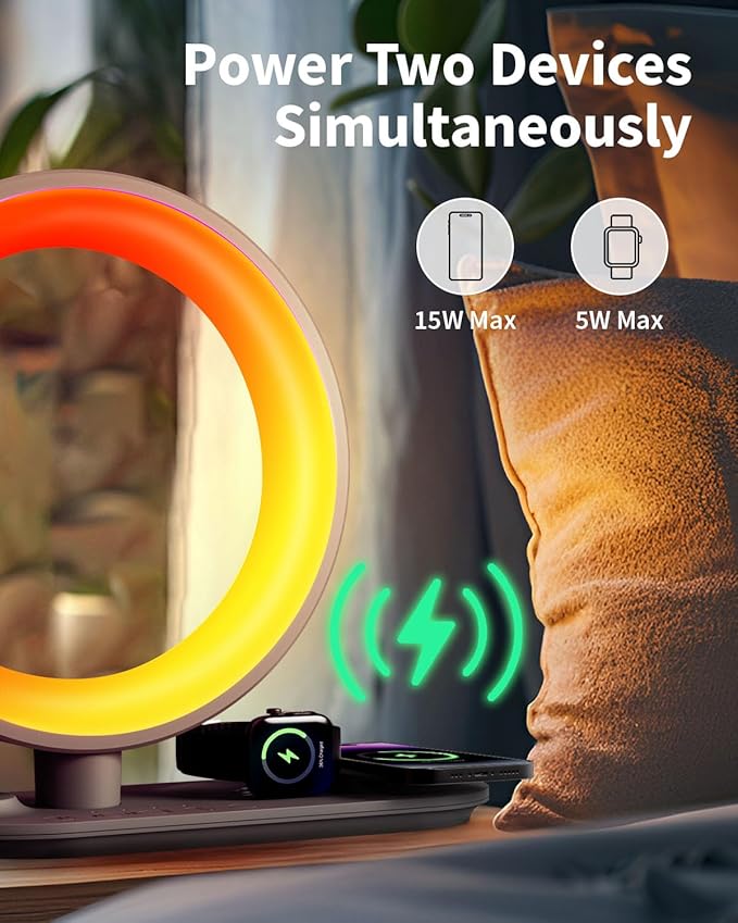4 in 1 Bluetooth Speaker Night Light with Wireless Charger, Atmosphere Lamp with 24 Soothing Sounds, 16M+ Colors & App Control, Smart Light Sound Machine for Bedroom Home Decor (Grey)