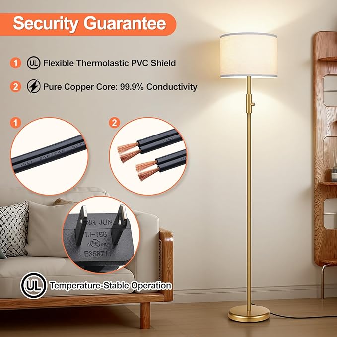 【Upgraded】 Dimmable Gold Floor Lamps for Living Room, 9W LED Bulb Included, Modern Standing Lamp with White Lamp Shade, Tall Pole Light for Bedroom Reading Office Corner Nursery