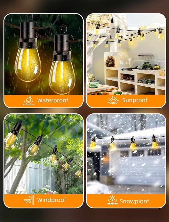 Outdoor Patio String Lights: S14 Shatterproof Bulb Outside Waterproof Light - 200Ft 60M Remote Dimmable Connectable Hanging Outdoor Electric Lighting - Garden Backyard Yard Gazebo Porch Party