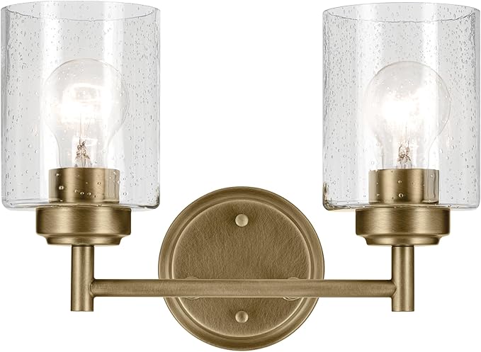 Kichler Winslow 13" 2-Light Vanity Light with Clear Seeded Glass in Natural Brass for Bathroom Vanity, Luxe Industrial, (13" x 9.25"), 45885NBR