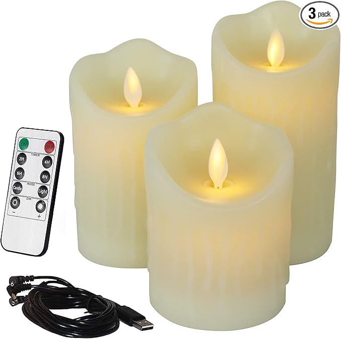 CVHOMEDECO. Flameless Candles Electronic Rechargeable Battery Extra Bright Ivory Dripping Real Wax Pillars LED Flickering Pillar Candle with 10-Key Remote Control, 3 PCS in Set