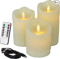 CVHOMEDECO. Flameless Candles Electronic Rechargeable Battery Extra Bright Ivory Dripping Real Wax Pillars LED Flickering Pillar Candle with 10-Key Remote Control, 3 PCS in Set