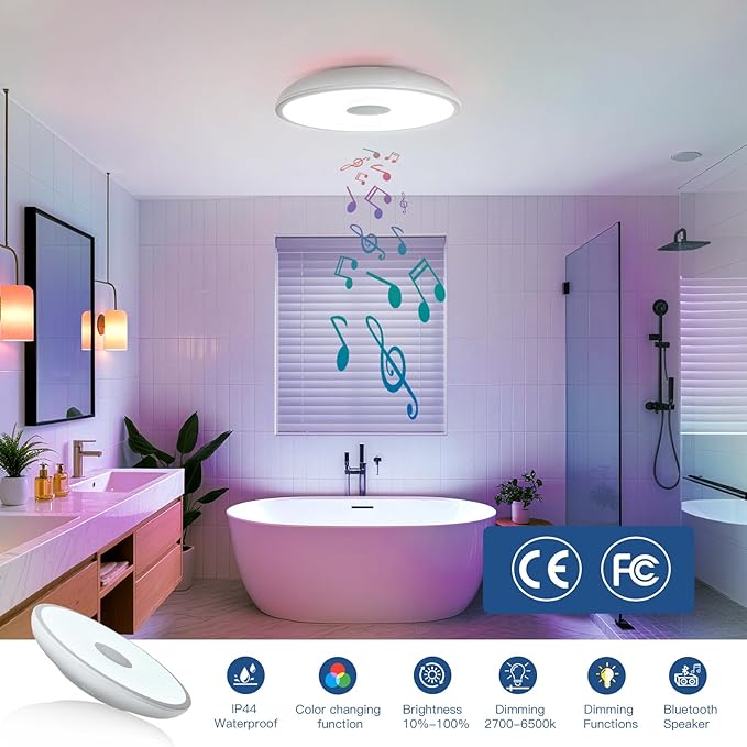 Smart Waterproof LED Flush Mount Ceiling Light Fixture,with Bluetooth Speaker,11 Inch,18 watt,Dimmable Music Lamp,RGB Color Changing Light with Remote Control,for Bathroom,Shower,Bedroom