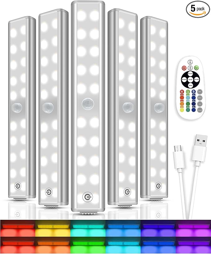 Under Cabinet Lighting,48LED RGB Rechargeable Under Cabinet Lights with Remote,Dimmable & 15 Color Temps,Magnetic Closet Light Bar,Wireless Under Counter Lights for Kitchen,Car,Shelf(5 Pack)