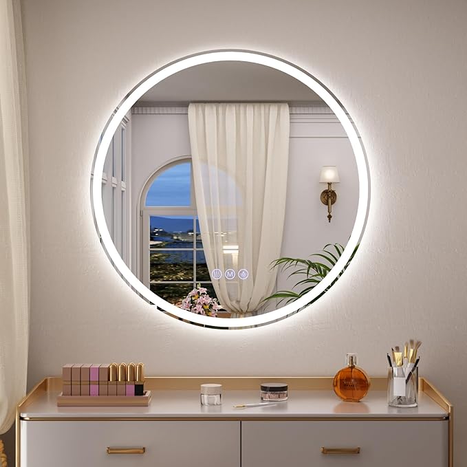 BEAUTYPEAK 40x40 LED Round Bathroom Mirror with Lights, Anti-Fog, Dimmable, Backlit + Front Lit, Lighted Bathroom Vanity Mirror for Wall, 3 Colors, Memory Function, Tempered Glass, Shatter-Proof