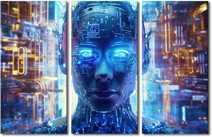 TUMOVO Artificial Intelligence Wall Art 3 Panel AI Art for Business and Technology Pictures Print on Canvas Wall Decor for Living Room Bedroom, Stretched Framed Ready to Hang, 42" Wx28 H