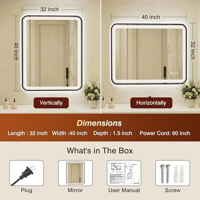 32x40 Inch Black Framed LED Bathroom Mirror with Lights, Built-in Bluetooth Speaker,Tempered Glass,Dimmable Lighted Bathroom Vanity Mirror with 3 Colors, Backlit + Frontlit, Memory, Anti-Fog