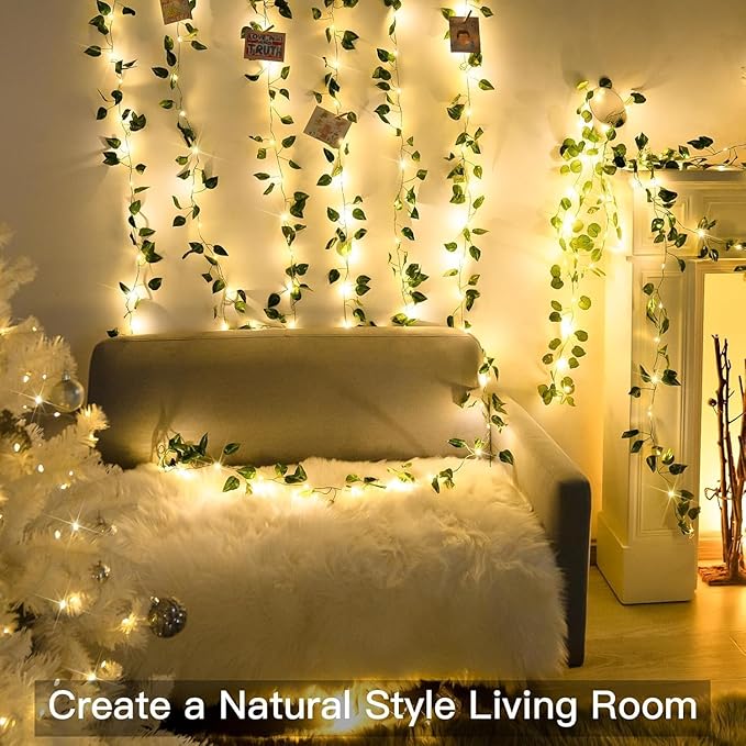 4 Pack Vines with Fairy Lights 40ft 120 LED Pothos String Lights USB Plugin & Battery Operated Leaf Lights with Timer 8 Modes Remote Decorative Light for Bedroom Wedding Party - Warm White