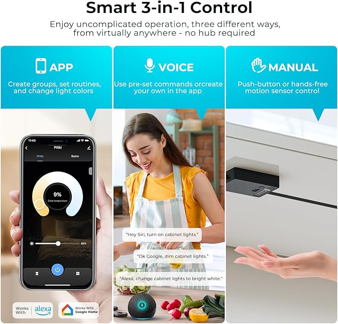 VST Smart Under Cabinet Lighting with Handwave and Alexa Google Assistant App Remote Control, Recessed or Surface Mount 12V 2W/pc Puck Light for Kitchen Display, 6 Pcs 3000K~6500K Black