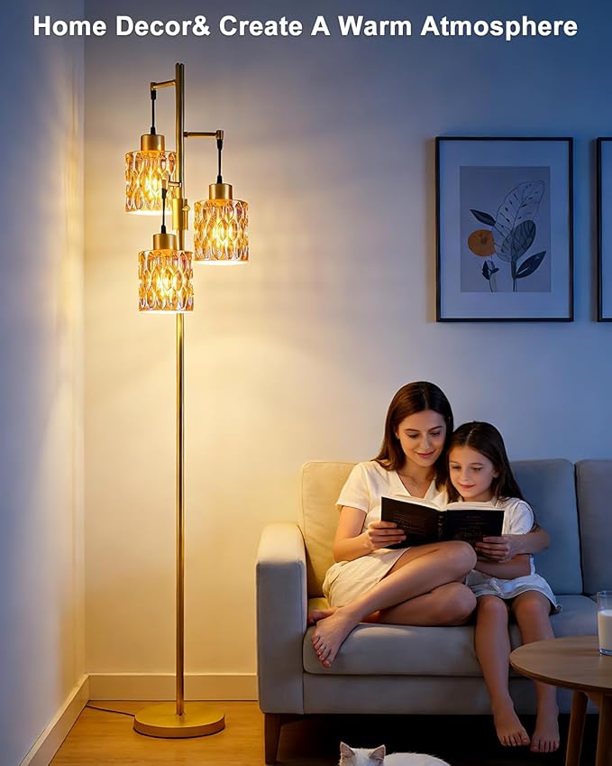 3-Light Floor Lamps for Living Room, Farmhouse Dimmable Gold Floor Lamp with Brown Glass Shade& Bulbs Included, Mid Century Standing Tall Lamp for Bedroom/Sofa Beside/Corner