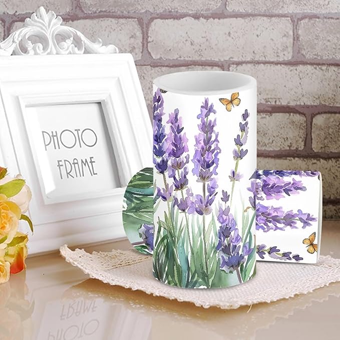 Lavender Flameless Candles 2 Pack 6 x 3 inch Battery Operated Candles with Multicolor Timer Remote Control LED Fake Candles for Warm Light Dinner Table Home Decor