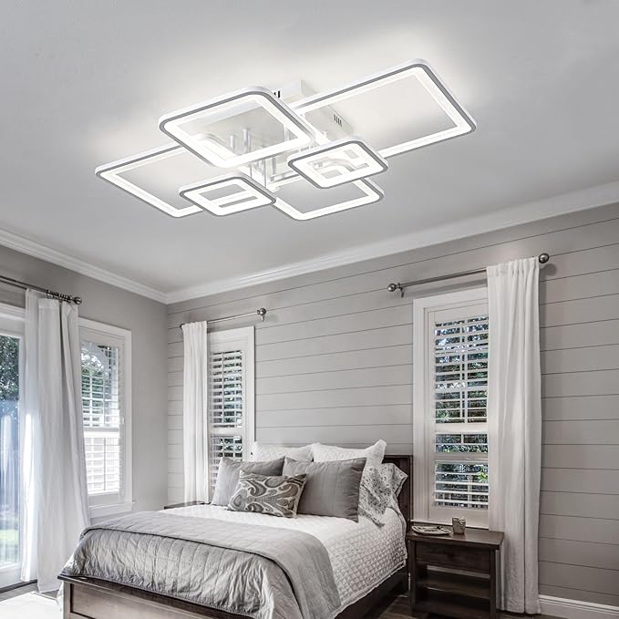 Modern LED Ceiling Lights for Bedroom Dimmable Modern 6 Ring Square Ceiling Lights for Living Room with Remote Control White Bedroom Ceiling Lamp Fixures for Kitchen,Bathroom,Balcony