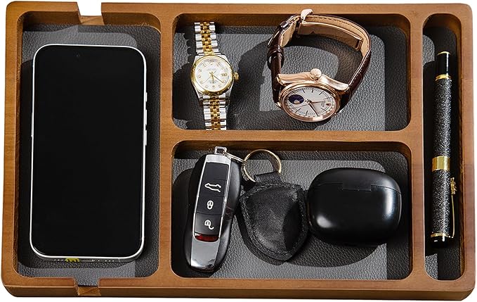 Shinpuru Wooden Valet Tray for Men, Nightstand Organizer with Leather Inlay, EDC Essentials Catchall Tray for Keys, Phone, Wallet, Watch, Earbuds - Bedside Desk Entryway Tray (Wood-Pen)
