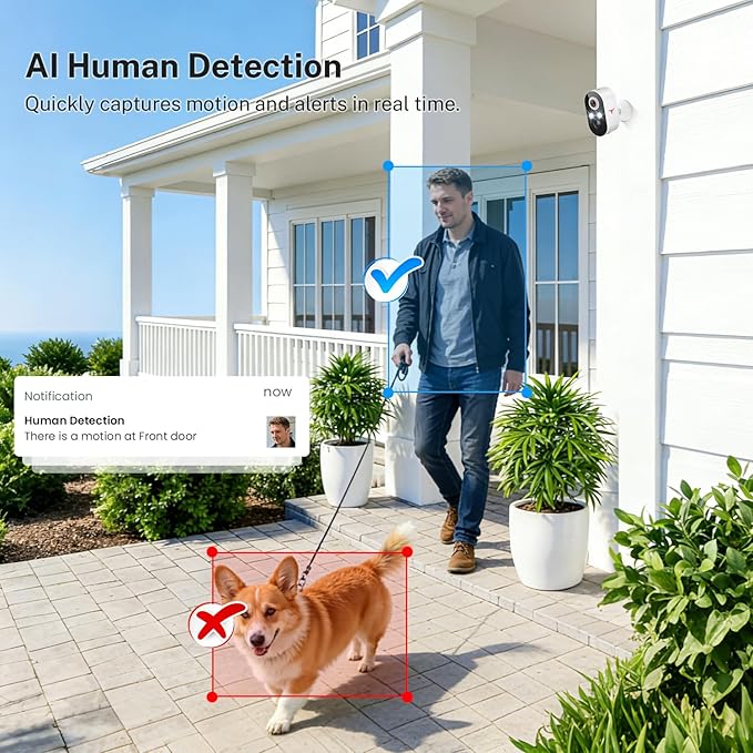 1080P Wireless Security Camera Outdoor/Indoor, Rechargeable Battery Powered, AI Detection, Color Night Vision, 2-Way Audio, Water Resistant, Wi-Fi