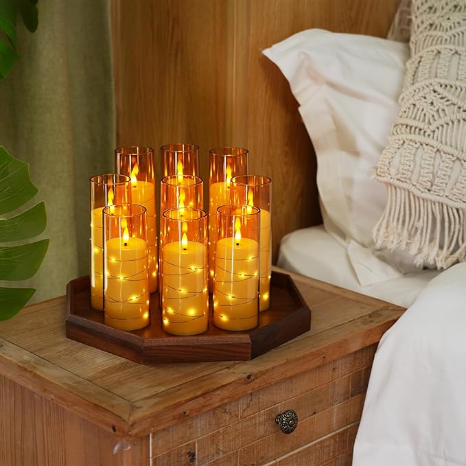 Raycare Flameless Candle with Remote Timer – 9 Flickering Acrylic Battery Operated LED Pillar Candles with Embedded Star String for Christmas, Home Decor, and as a Gift(Glod)