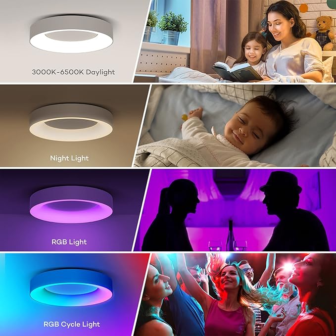 16 Inch RGB Led Flush Mount Ceiling Light with Remote Control, 36w Dimmable Ceiling Lighting Fixture, 3000K-6500K Color Changeable, Modern White, for Bedroom Kids Room