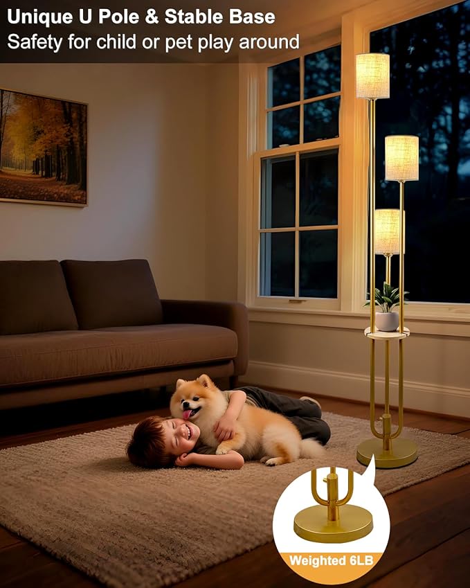 Lightdot Dimmable Floor Lamp for Living Room 3-Light Modern Floor Lamps with Table&Linen Beige Shade 3000K Warmwhite Gold Standing Lamp for Bedroom/Sofa Beside/Corner Decor (Bulbs Included)