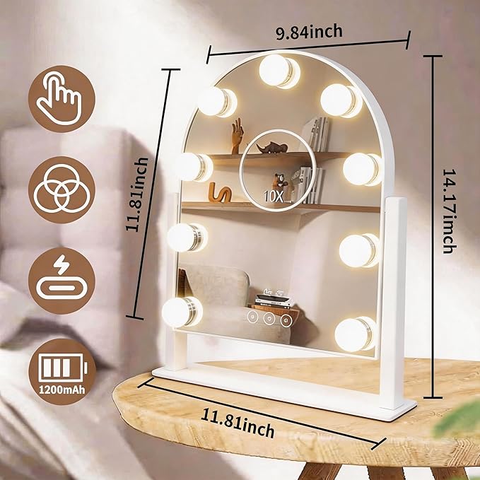 Arched Makeup Vanity Mirror with Lights 14.17"x 11.81" LED Makeup Mirror Detachable 10X Magnification, Hollywood Make Up Mirror with Lighting, Smart Touch, Rechargeable,360° Rotation,(White)