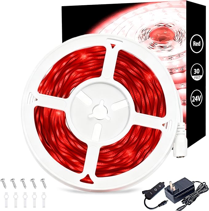 Red 30ft Led Lights Strip Indoor Rope Lights Easy DIY Cuttable Strip Lights for Wine Cabinet Bar Room Bathroom Living Room Kitchen Ceiling Wall Vanity Mirror Decor