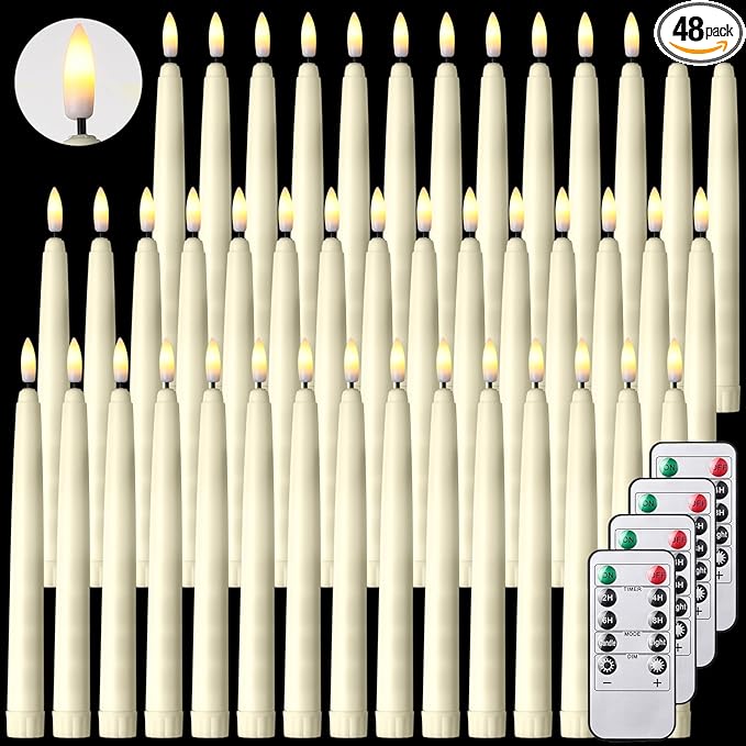 Reginary 48 Pcs Flameless Taper Candles with 4 Remote, Battery Operated Flickering Flameless Taper Candles 3D Wick Fire LED Faux Wax Lights for Wedding Christmas Holiday(Ivory,8.46 Inches)
