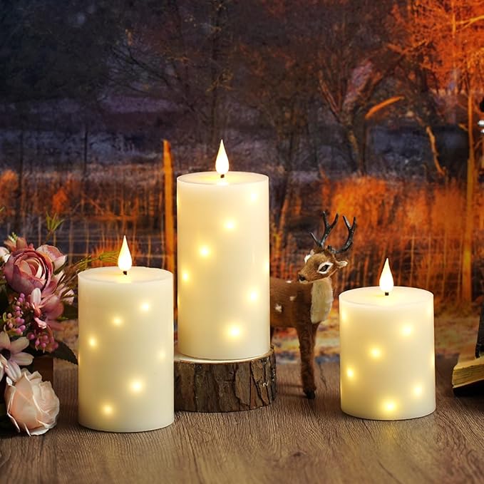 Flameless Candles with Embedded Star String, Real Wax Battery Operated Candles with Remote Timer, Flickering Pillar LED Candle Set for Home Decor Romantic Ambiance （Ivory）