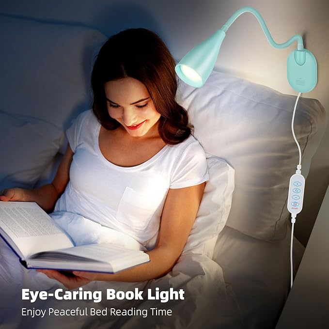 Wall-Mounted LED Bedside Reading Light with USB Charging Port, 10-Level Dimmable & Adjustable 5 Color, Plug-in Adhesive Night Lamp for Books in Bed, Eye-Caring Bedroom Lighting (Teal)