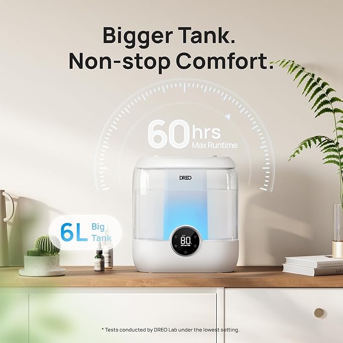 DREO Smart Humidifiers for Bedroom, 6L Top Fill Supersized Cool Mist Humidifier for Large Room, 60 Hour Runtime, Quiet Ultrasonic Humidifiers for Plants, Indoor, Home, Night Light, White